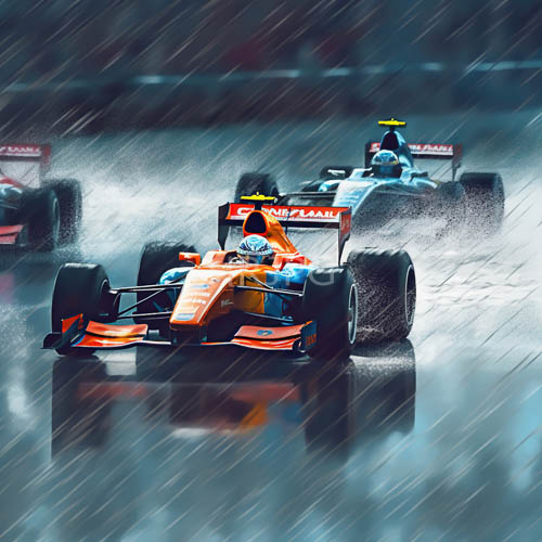 formula one cars navigate turbulent rainy deluge on wet tarmac