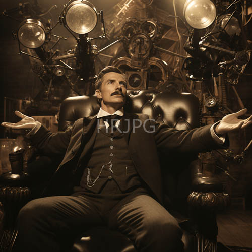 eradefying elegance confronts industrial precision in vintage suit and ornate leather chair