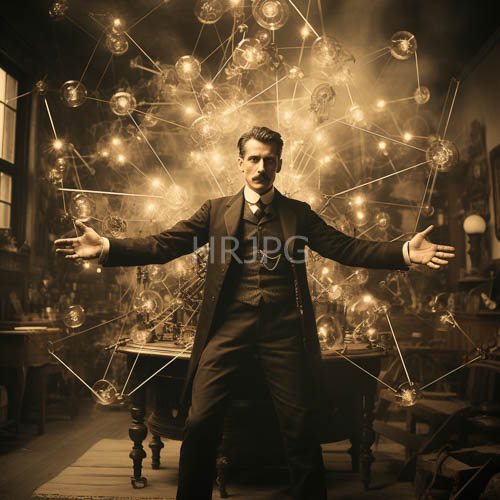 earlytwentiethcentury gentleman amidst industrial discovery era attire in vintage workshop setting with ethereal light