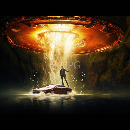 saucershaped vessel unfurls celestial luminescence amidst molten gold rainfall on rainslicked asphalt