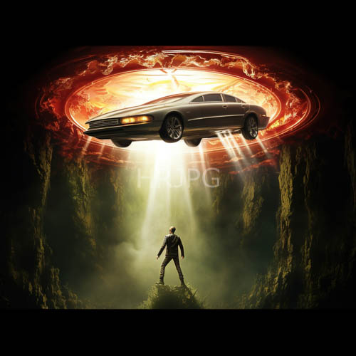 cybernetic vehicle dominates horizon with fiery orange energy ring and elongated crystalline beams