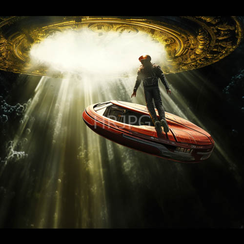 High Resolution: Obsidianclad traveler commands sleek crimson hovercraft amidst cosmic environment download. | HRJPG.com