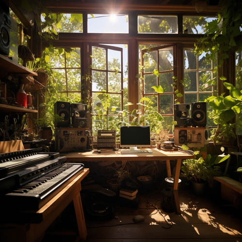 High Resolution: Nature Meets Technology in Expansive Music Studio Sanctuary of Verdant Leaves download. | HRJPG.com