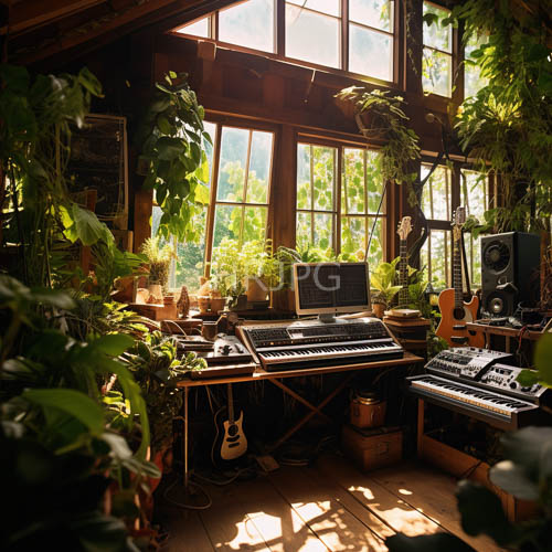morning light casts shadows on weathered wooden beams amidst verdant foliage and technical equipment