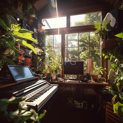 High Resolution: Workspace defined by productive disarray with sunflash pouring through a broad window with foliage pressing against glass download. | HRJPG.com