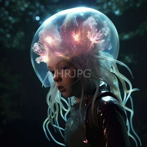 young woman with porcelain complexion amidst bioluminescent spectacle at a futuristic underwater research station