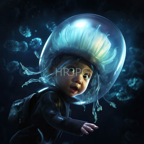 infant in abyssal waters with bioluminescent currents and cerulean irideses