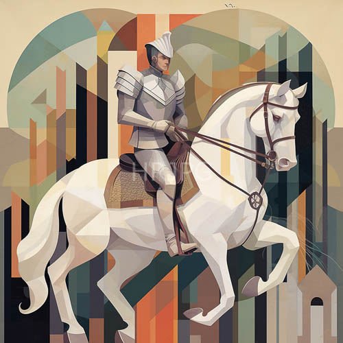 knight in plate armor rides a powerful stallion amidst complex geometric backdrop