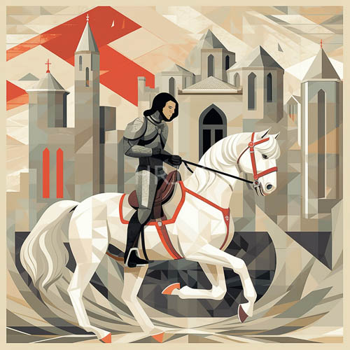 High Resolution: Composition of Armored Figure on White Steed Amidst Medieval Cityscape and Jagged Mountains download. | HRJPG.com