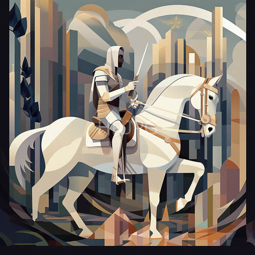 africans atop frenzied stallion in earthy armor under geometric skyscraper landscape