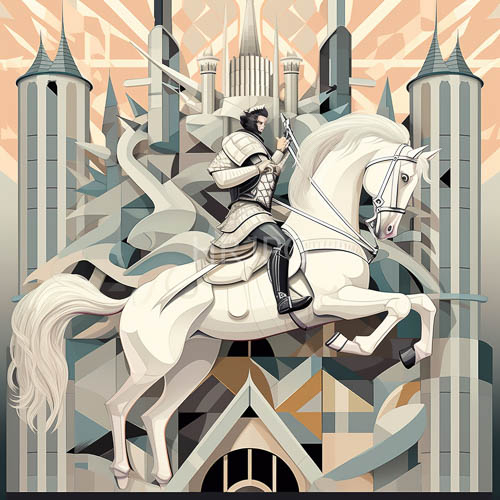 darkhaired warrior on reining white charger in ambiance of steel and shadow