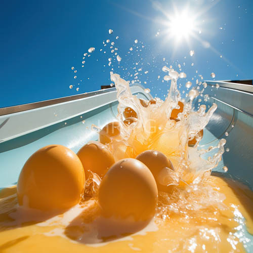 matte speckled eggs plunge into golden liquid generating dynamic eruption