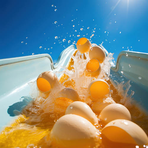 brown eggs breach surface of translucent yellow liquid amidst stark white plastic trays