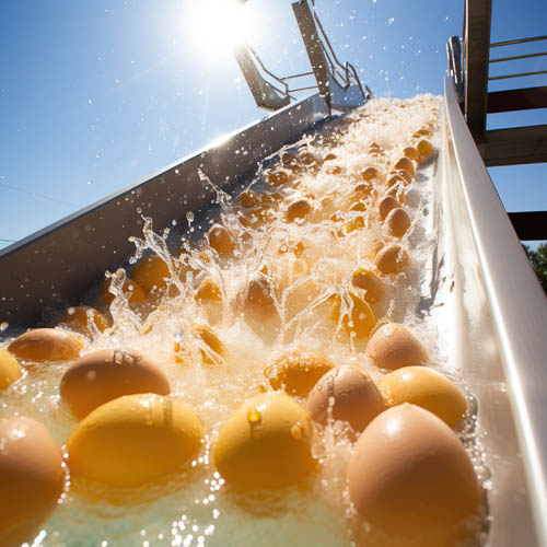 High Resolution: Eggs in Stainless Steel Chute Procession Under Overhead Light Intensity download. | HRJPG.com