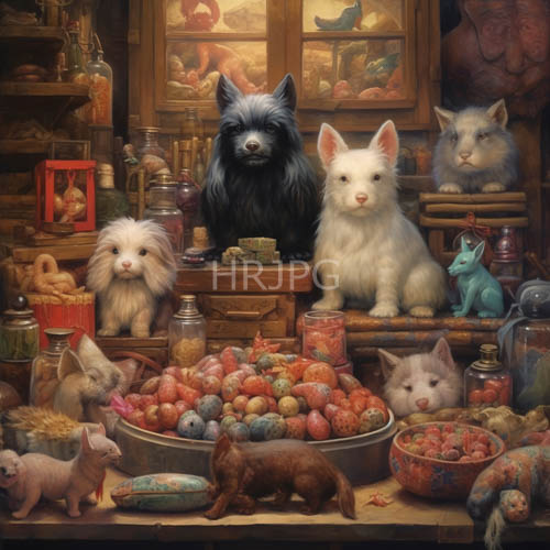 furry companions amidst amberhued dusty windows in aged apothecary setting