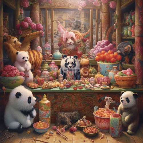 pandas and rabbits amidst amberhued angular light on ornate altar