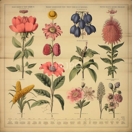 floral specimens rendered on antique parchmenthued backdrop with emeraldtoned foliage and delicate petals