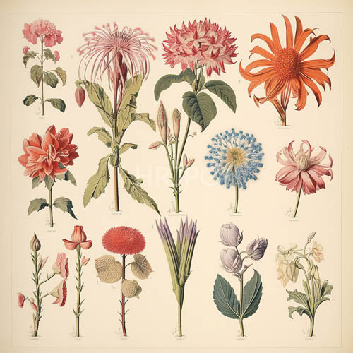 distilled florals on aged parchment hues with delicate light play and precise botanical renderings