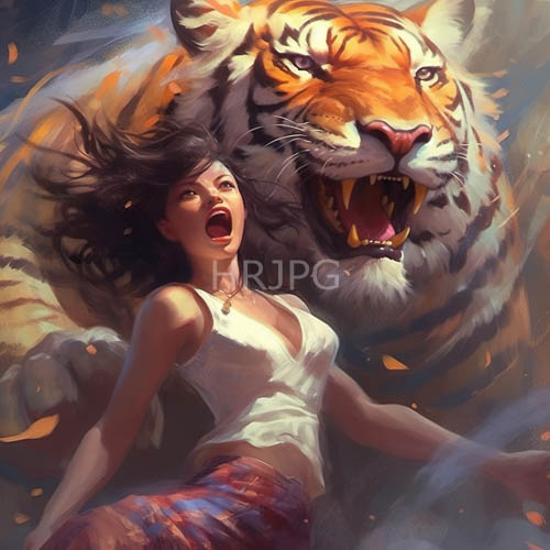 High Resolution: Asian Woman Ensnared in Vortex of Foliage and Colossal Tiger download. | HRJPG.com