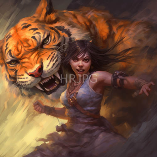 fierce woman in motion tethered to fierce tiger midair roar moody atmospheric hues