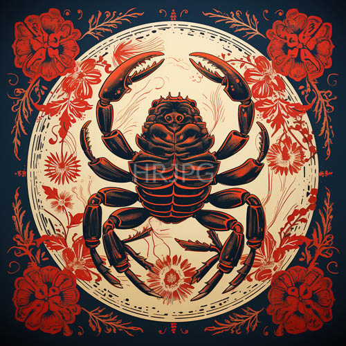 High Resolution: Composition of a Black Scorpion Entwined with Scarlet Floral Motifs in a CreamToned Backdrop download. | HRJPG.com