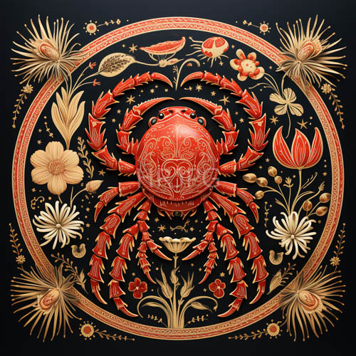 focal crustacean amidst ornate floral display and dark backdrop