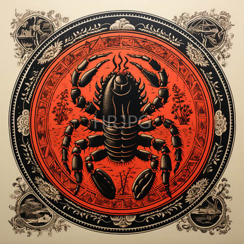 black scorpions articulated with crimson backdrop of segmented limbs and curved stinger