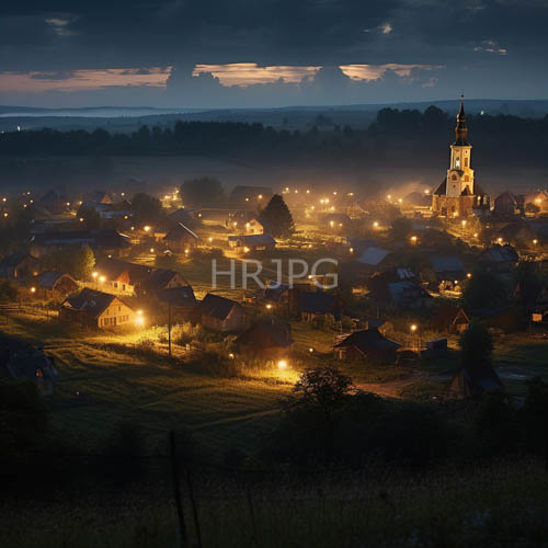 european hamlet architecture transformed by twilight and streetlights in quaint village setting with church tower