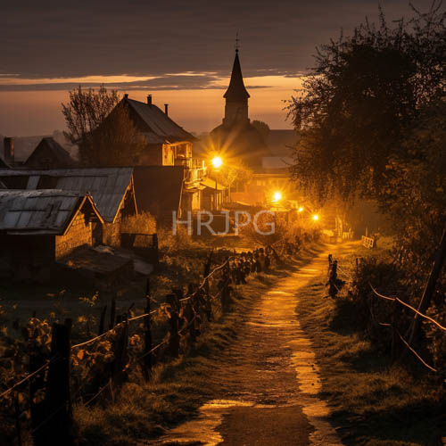 rustic village landscape bathed in honeyed light at days quiet close