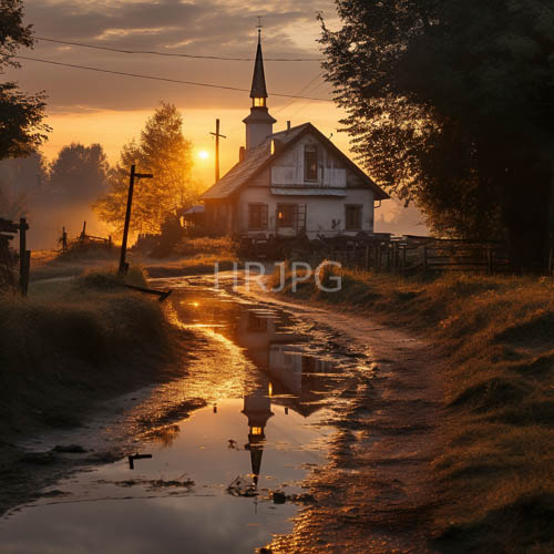 countryside transformed into harmony with modest white church amidst fading horizon light