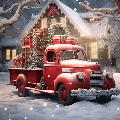 seasonal tableau of a vintage truck amidst winter snowdrifts and holiday treasures