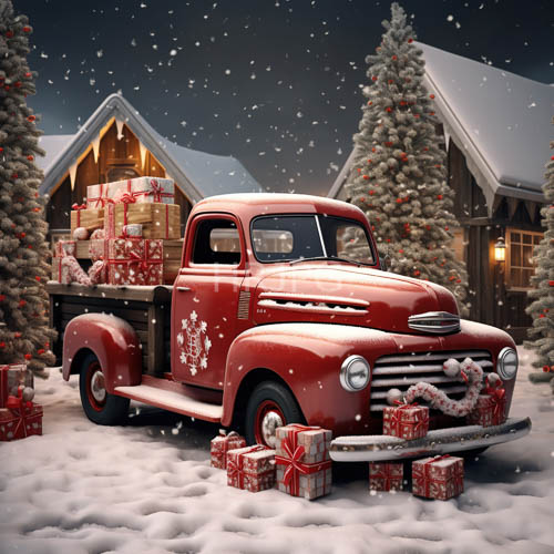 winters serene tableau of vintage pickup truck amidst snowy timberland landscape