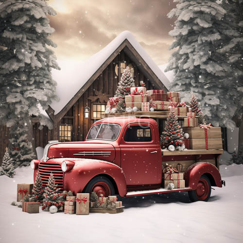 antique truck glitters against muted charcoal palette of midwinter evening