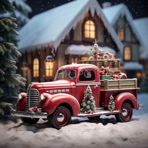 High Resolution: Throwback pickup coats weathered body with striking crimson paint amidst serene winter night landscape download. | HRJPG.com