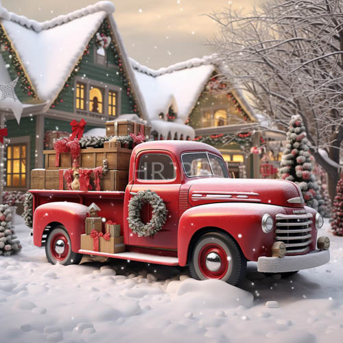 patinated red pickup truck amidst winter dusk with pinehued wreaths and snowkissed gifts