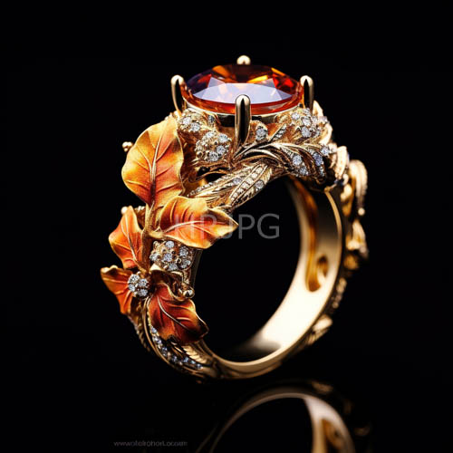 elegant organic motifs in ornate gold band with autumnal orange hues and faceted red gemstone