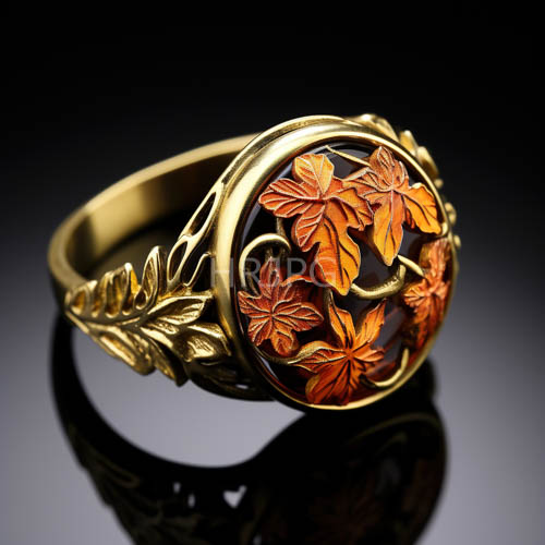 artisanal ring with organic motifs on obsidian backdrop with golden accents