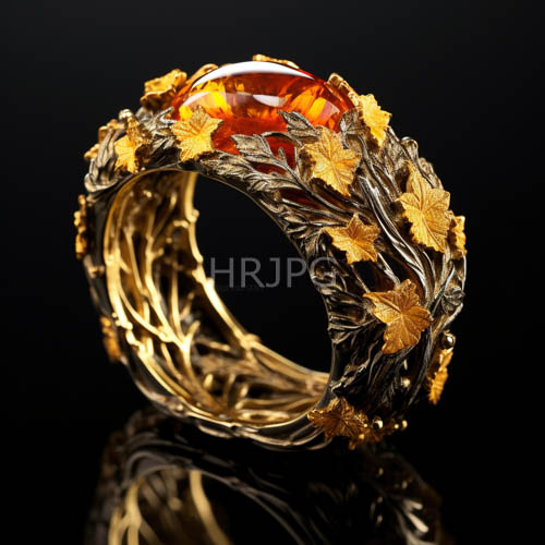 exquisite jewelry piece combines metallic craftsmanship with natural inspiration and amber gemstone
