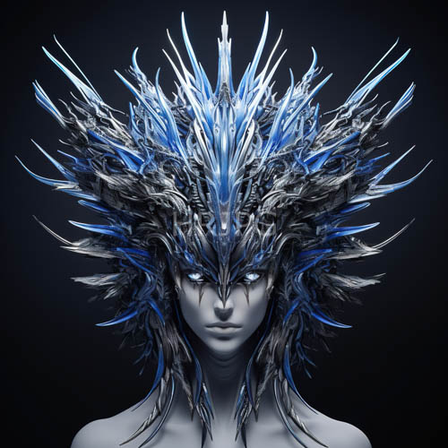 High Resolution: Emerging from VelvetDark Void Androgynous Figure Reveals SlateGray Skin with Piercing Blue Irises and Complex Metallic Headdress download. | HRJPG.com