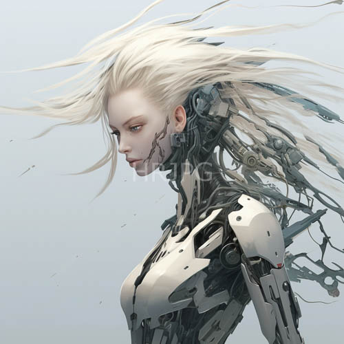 phantasmal tresses in monochromatic backdrop with cybernetic augmentations