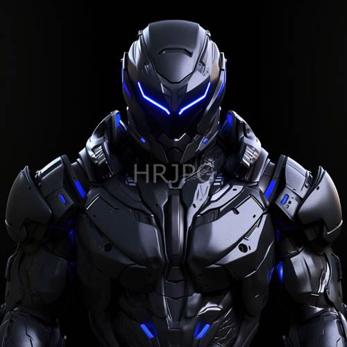 industrialized operative in dark gray metallic plating with cerulean energy accents