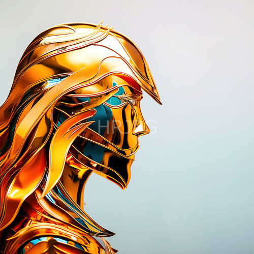 sleek sculpture perches on light gray backdrop with stylized tresses and recessed areas