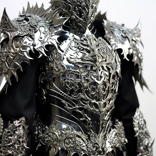 mirror like lattice armor with intricate silhouette and aggressive design elements