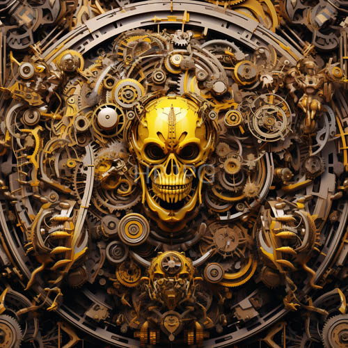 High Resolution: Instrumental Tableau Collides with Macabre Aesthetics in Elaborate Industrial Setting with Gilded Skulls download. | HRJPG.com