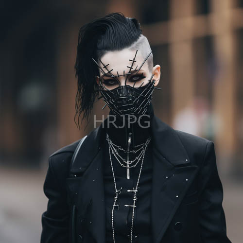 unpolished grit meets gothic refinement in androgynous with stark black mohawk and elaborate metallic face mask