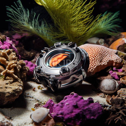 coral reef ecosystem anchored by polished silver timepiece in muted ocean floor