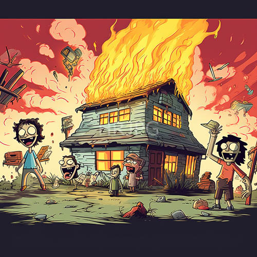 catastrophic inferno unfolds before four transfixed youths amidst crimsonhued horizon