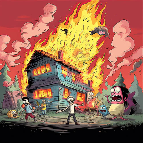rustic structure transforms into searing energy amidst violent flickering hues