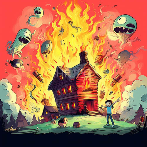 decaying wooden structure confronts inferno and ethereal entities amidst chaos