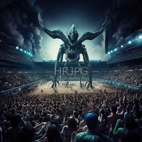 apex predator dominates arena with jagged horns in nocturnal atmosphere